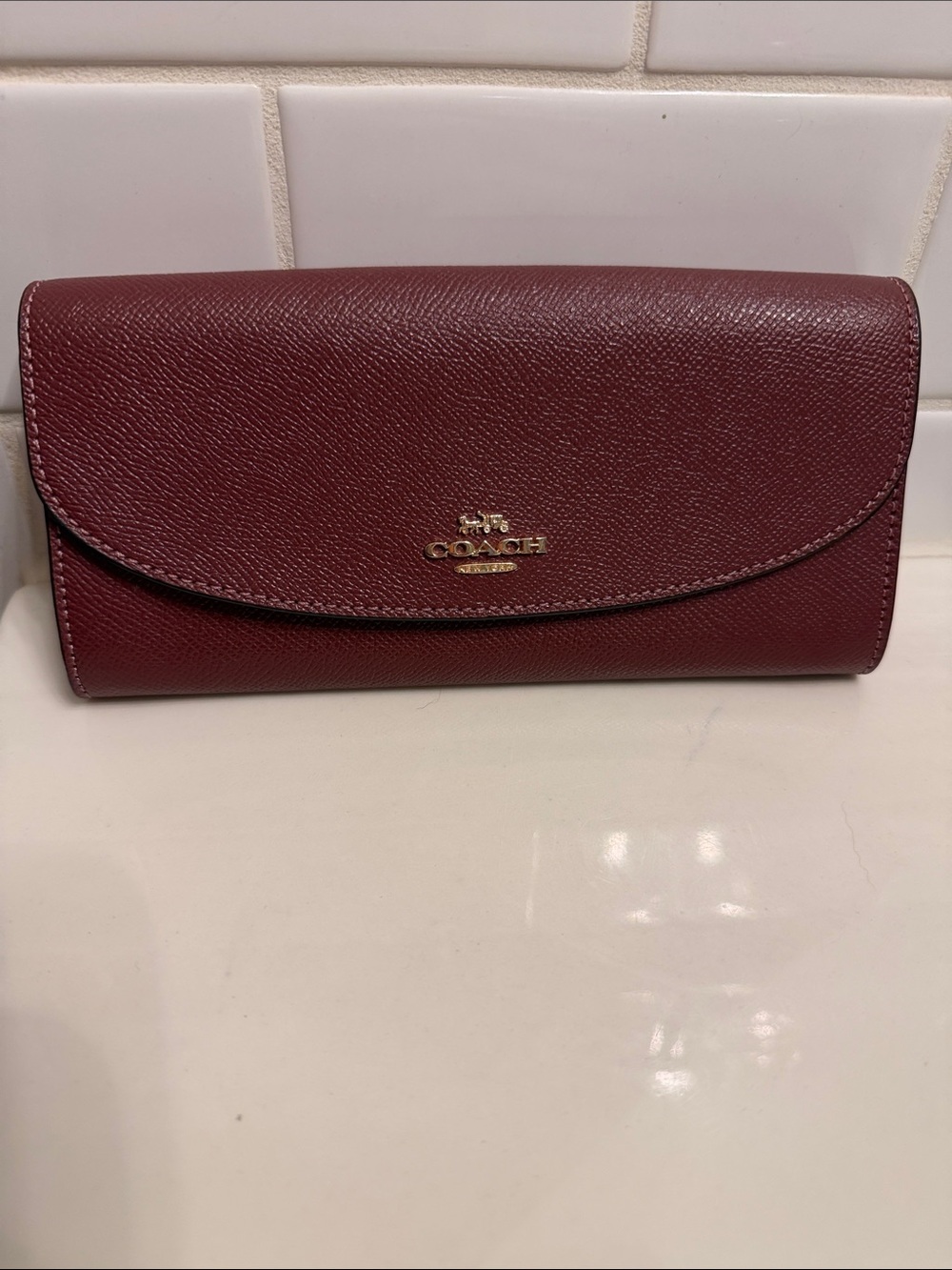 Coach Leather Wallet Clutch in Deep Burgundy with Gold Logo